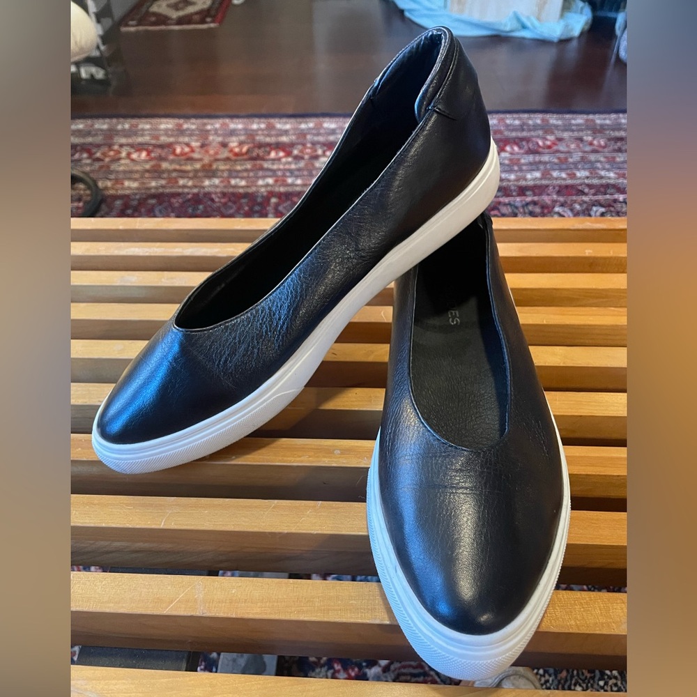 J Slides Black Leather Slip-On Flats with White Platform Sole